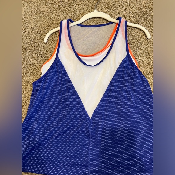 Lucky in Love ladies athletic tank top. Royal blue & white w orange detailing. - Picture 8 of 11